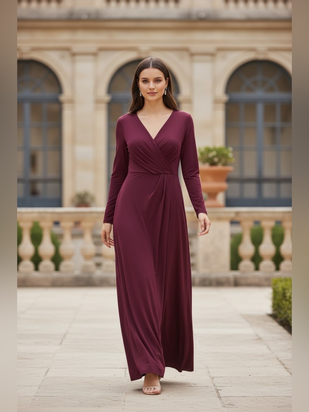 Betsy & Adam Long-Sleeve V-Neck Maxi Dress Sz 16W